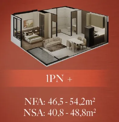 Mặt bằng căn 1PN The Collection 688, minh họa bố cục phòng ngủ, phòng khách, bếp và nhà vệ sinh.