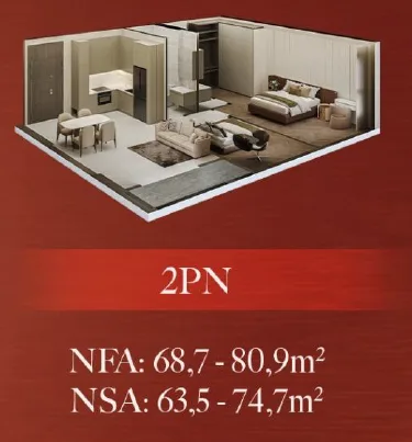 Mặt bằng căn hộ 2PN The Collection 688, bố trí không gian sinh hoạt, bếp, 2 phòng ngủ và 2 WC.